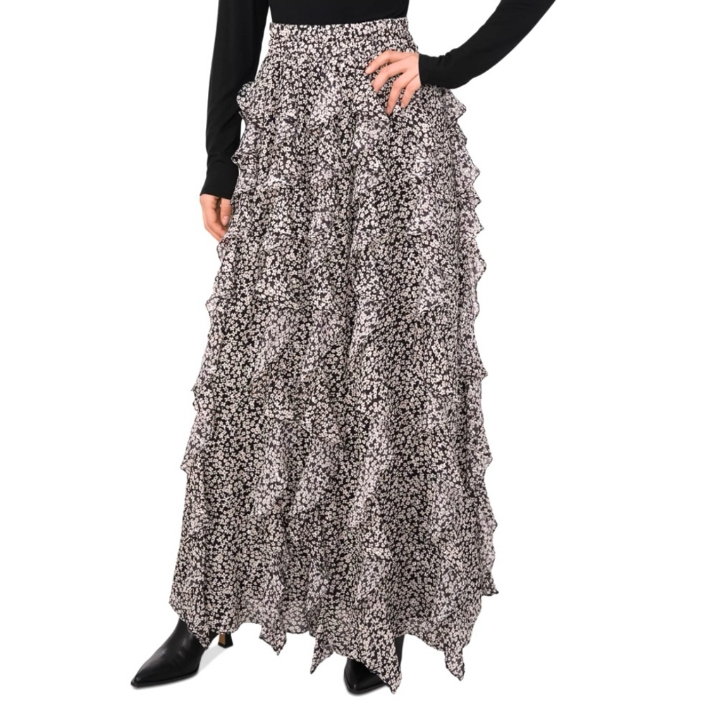 NWT 1.STATE Black White Skirt S Maxi Corkscrew Ruffles Floral Boho Fairy Party